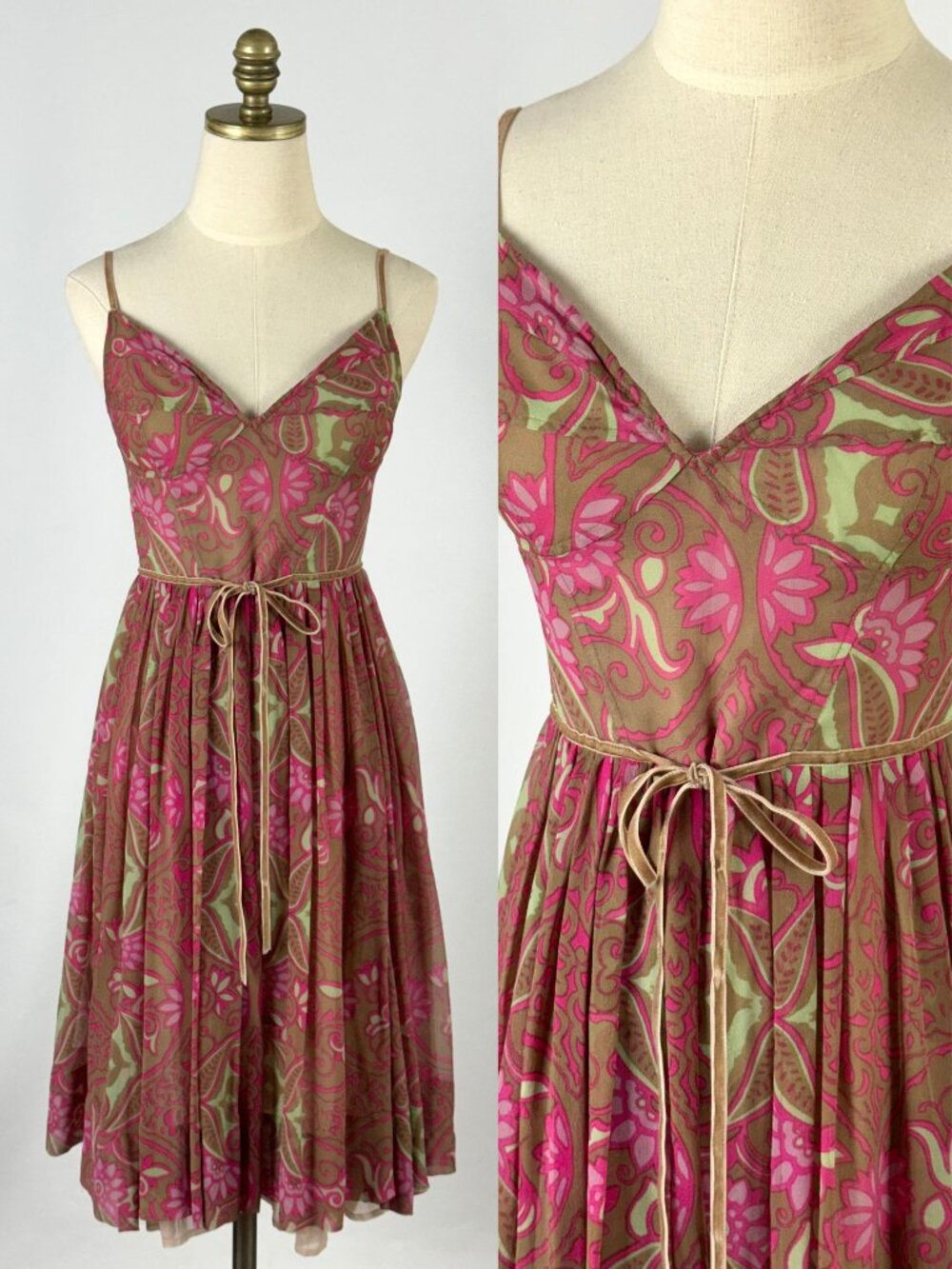 Tracy Reese Silk Brown Pink Floral Paisley Dress Velvet Ribbon Fairy Ethereal